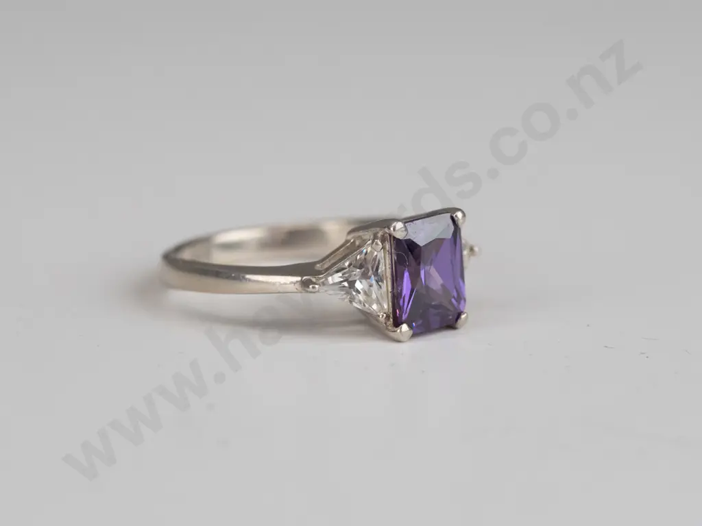 silver cz & amethyst ring stamped silver Size N.5 Image 1++