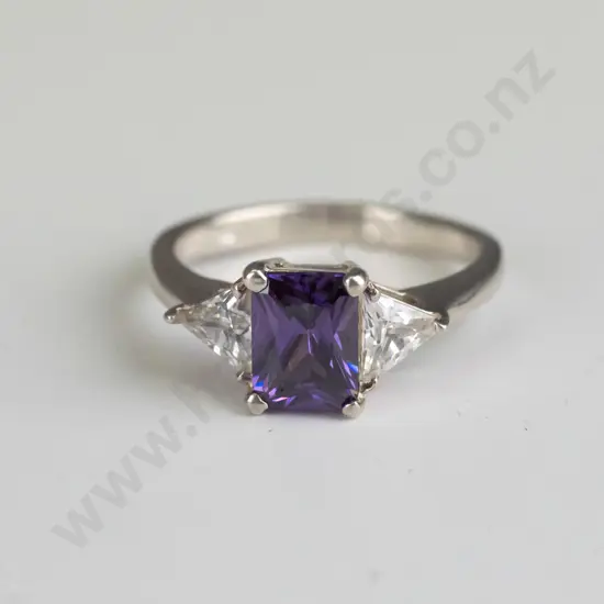 silver cz & amethyst ring stamped silver Size N.5
