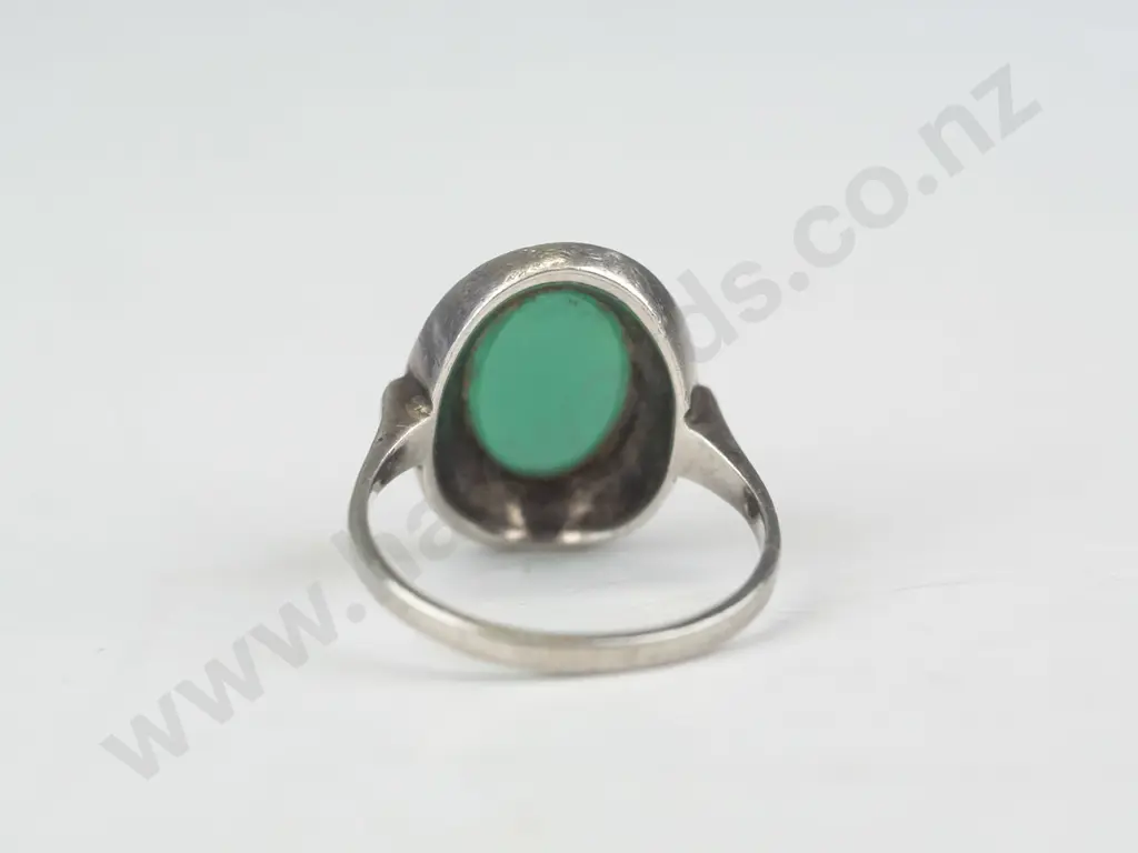 silver pale green stone & marcasite stamped sterling size L Image 1++