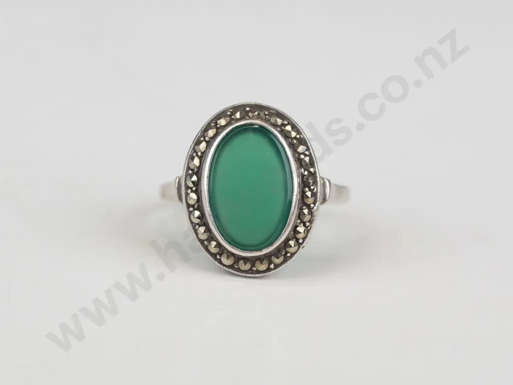 silver pale green stone & marcasite stamped sterling size L Image 1++