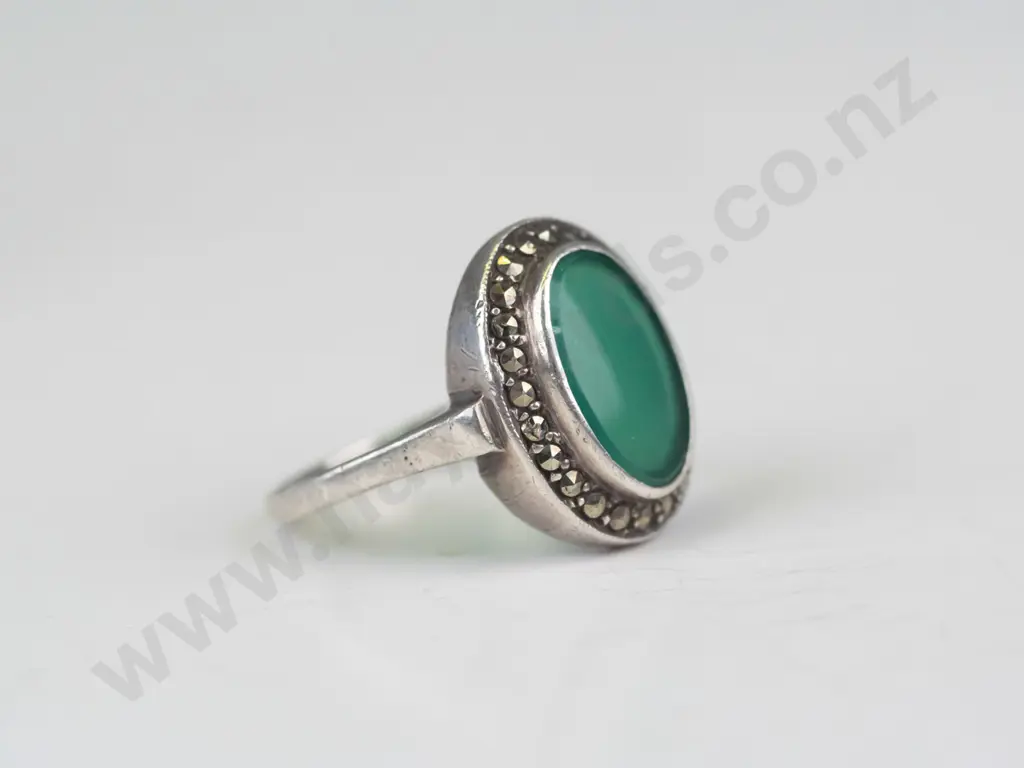 silver pale green stone & marcasite stamped sterling size L Image 1++
