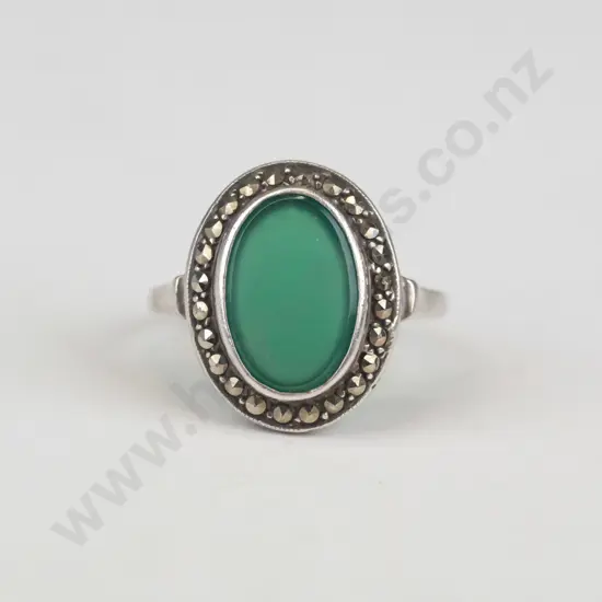 silver pale green stone & marcasite stamped sterling size L