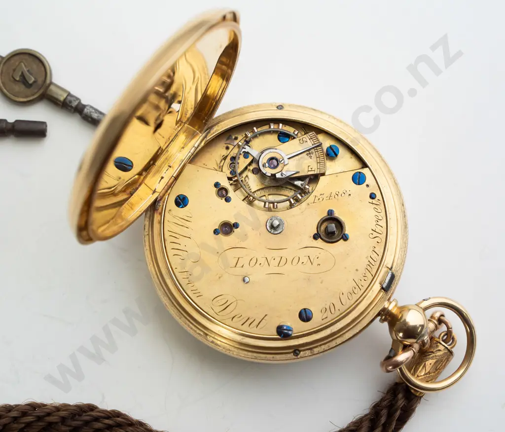 18ct pocket watch EHM, made in London, going, lanyard made of horse hair? 9ct fittings (no stamp) Image 1++