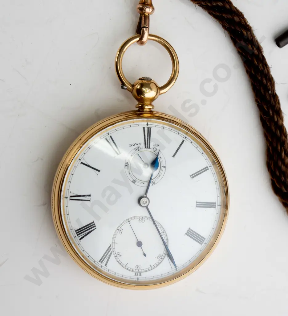 18ct pocket watch EHM, made in London, going, lanyard made of horse hair? 9ct fittings (no stamp) Image 1++