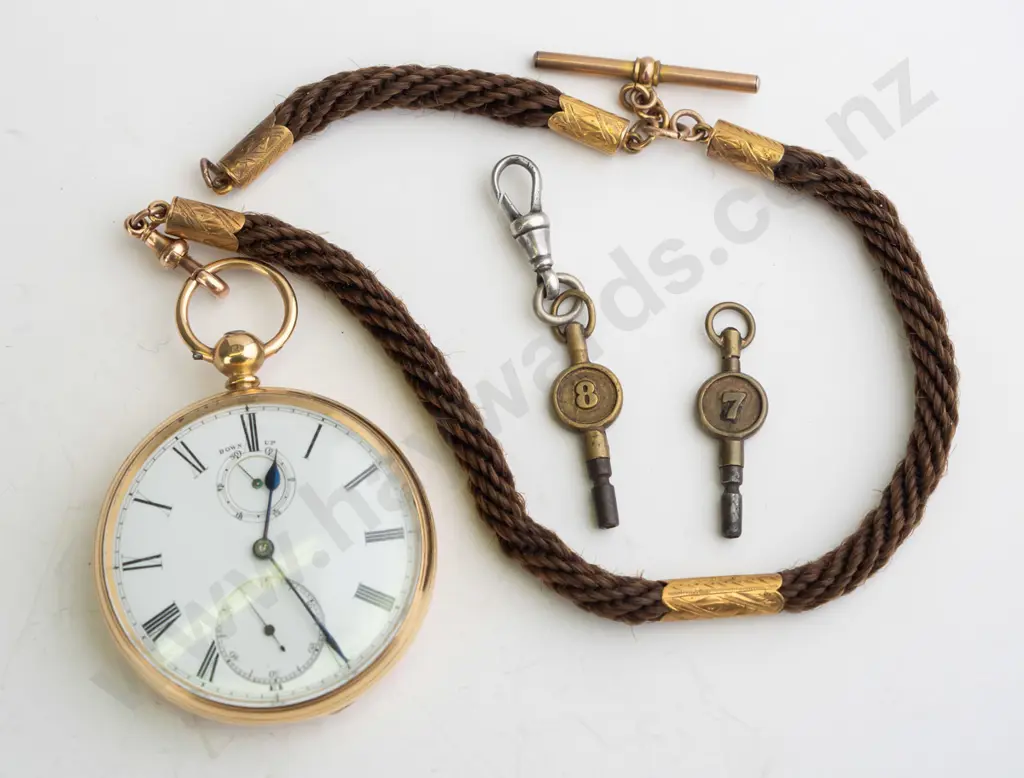 18ct pocket watch EHM, made in London, going, lanyard made of horse hair? 9ct fittings (no stamp) Image 1++