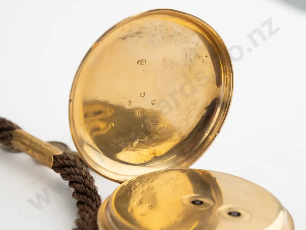 18ct pocket watch EHM, made in London, going, lanyard made of horse hair? 9ct fittings (no stamp) Image 1++