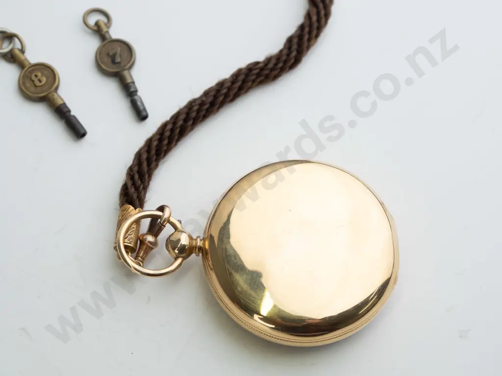 18ct pocket watch EHM, made in London, going, lanyard made of horse hair? 9ct fittings (no stamp) Image 1++