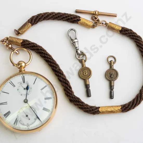 18ct pocket watch EHM, made in London, going, lanyard made of horse hair? 9ct fittings (no stamp)