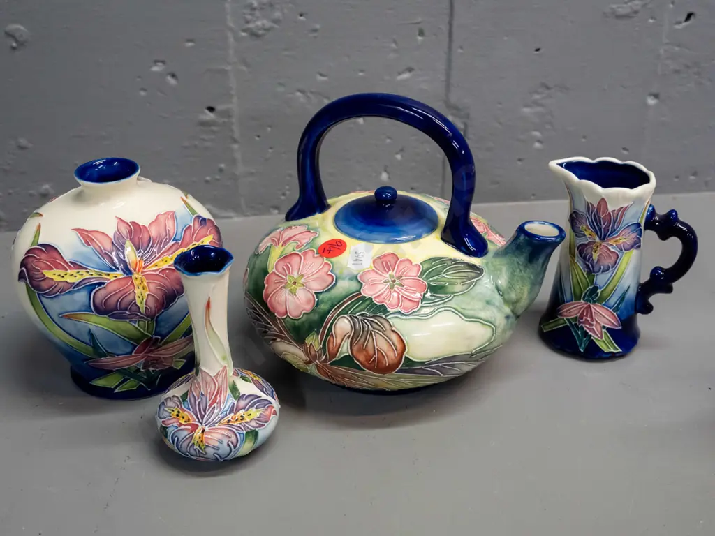 4 pieces Moorcroft-style tube-lined floral china with Old Tupton Ware crown logo on base - teapot, 2 vases, small jug Image 1++
