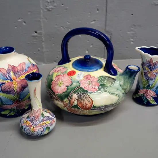 4 pieces Moorcroft-style tube-lined floral china with Old Tupton Ware crown logo on base - teapot, 2 vases, small jug