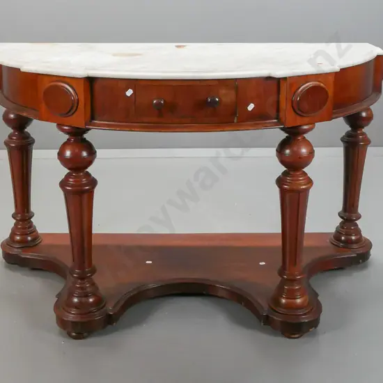 Victorian mahogany bow-front wash stand with shaped marble top, single drawer, on turned shelf base w/turned supports,