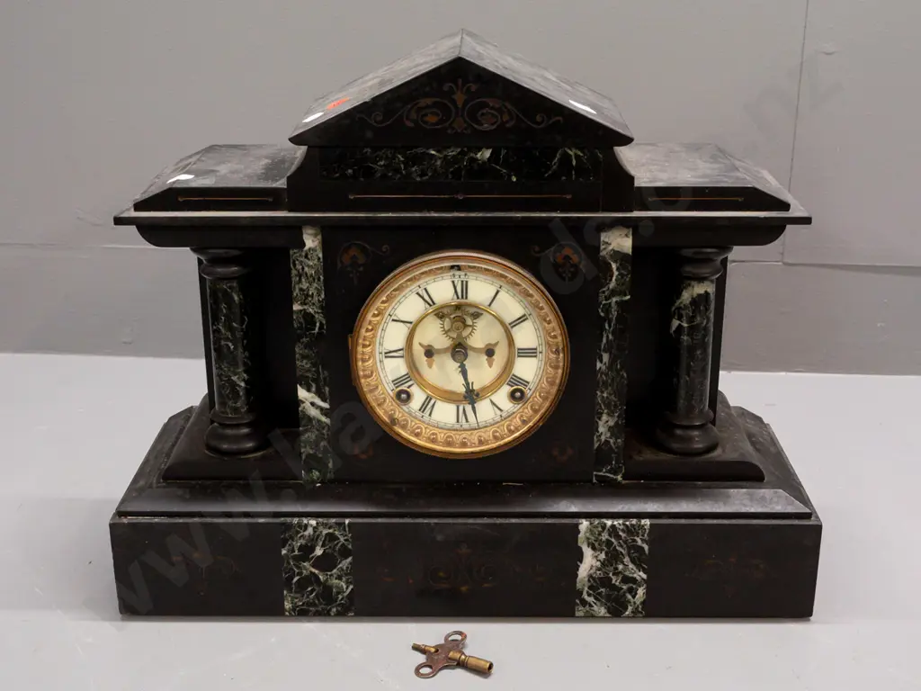 heavy black Belgian marble mantel clock with contrasting marble or agate pillars and edging, chiming Ansonia USA open- Image 1++