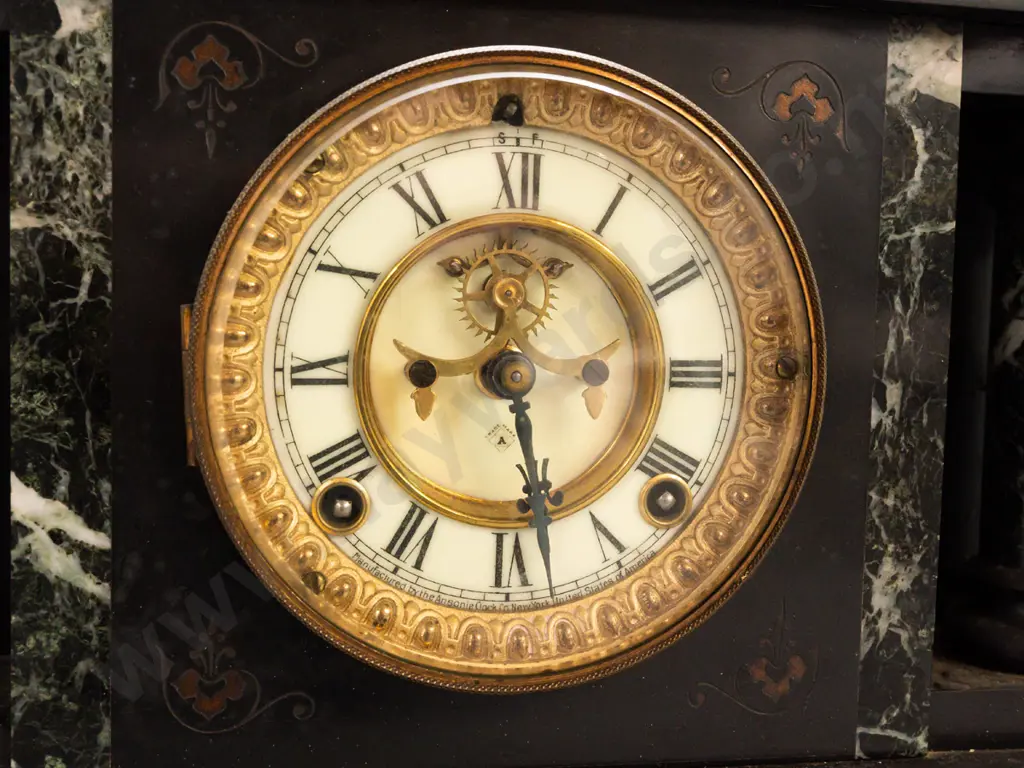 heavy black Belgian marble mantel clock with contrasting marble or agate pillars and edging, chiming Ansonia USA open- Image 1++