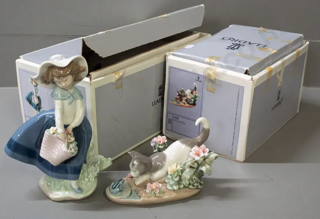 2 Lladro figurines with original boxes - girl with flower basket H-180 and cat & frog - wear and tape residue on boxes Image 1++