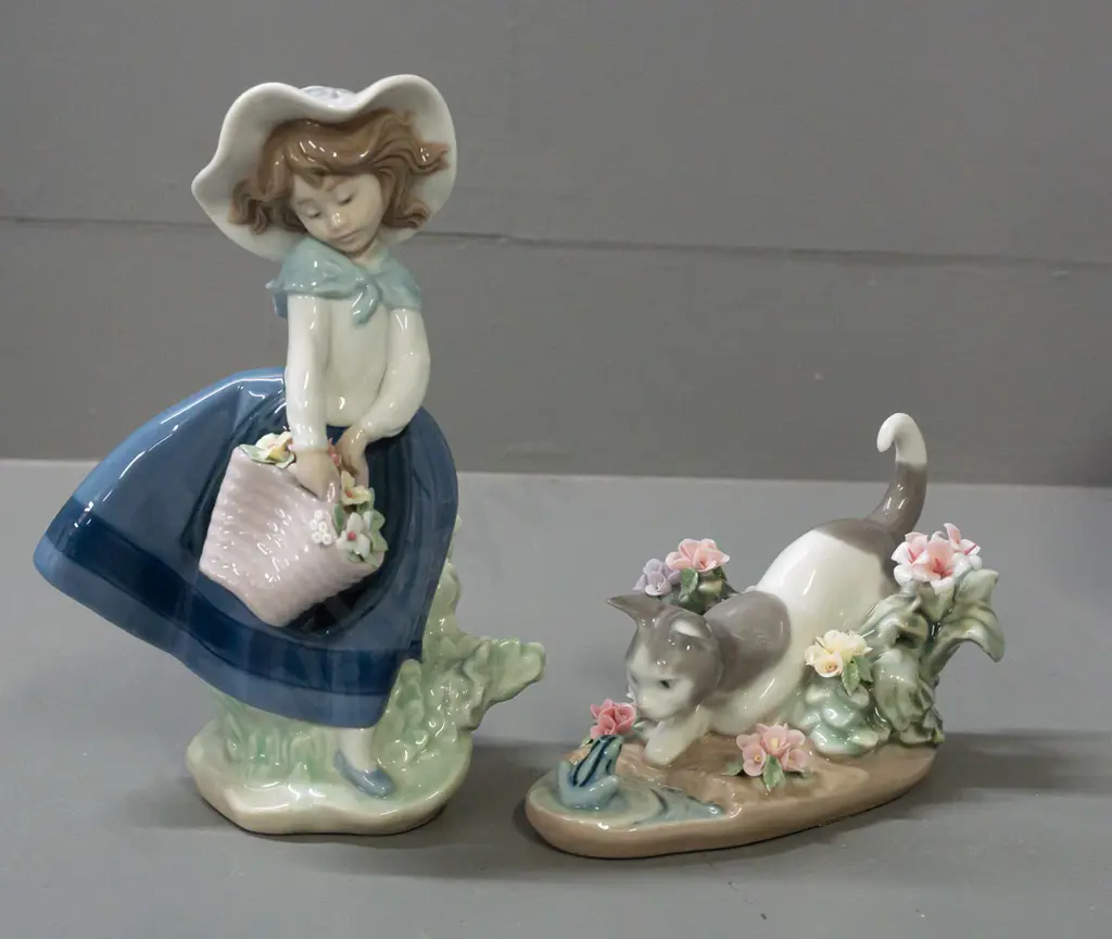 2 Lladro figurines with original boxes - girl with flower basket H-180 and cat & frog - wear and tape residue on boxes Image 1++