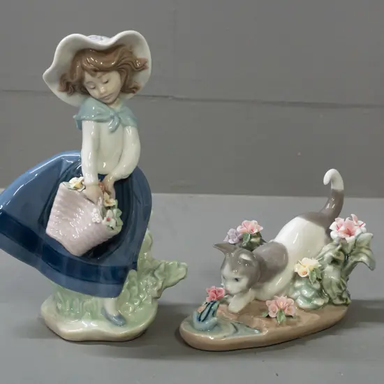 2 Lladro figurines with original boxes - girl with flower basket H-180 and cat & frog - wear and tape residue on boxes
