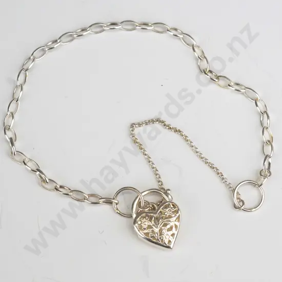 silver bracelet with heart clasp & safety chain stamped 925