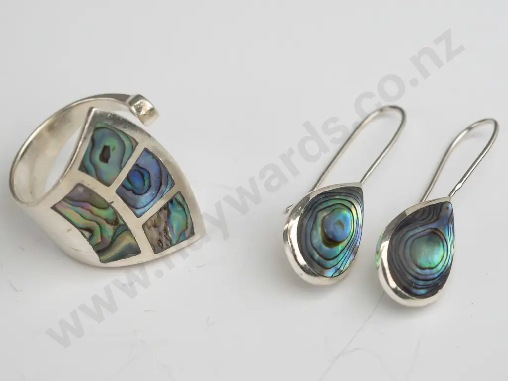 paua and sterling silver ring and earrings Size X Image 1++