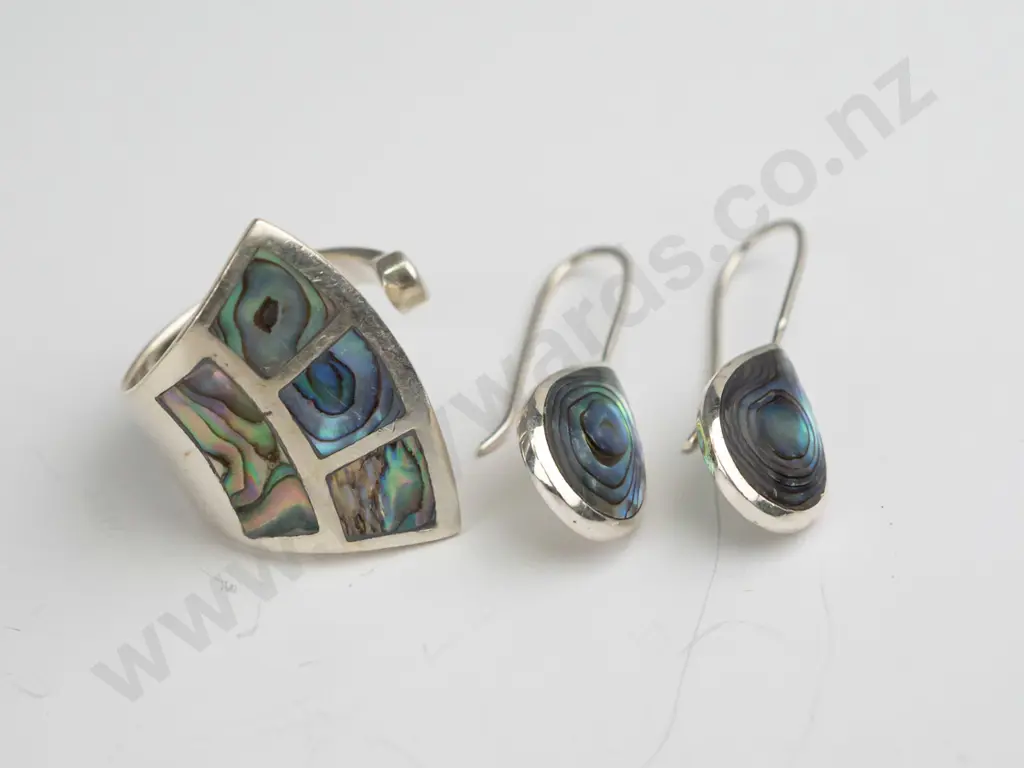 paua and sterling silver ring and earrings Size X Image 1++