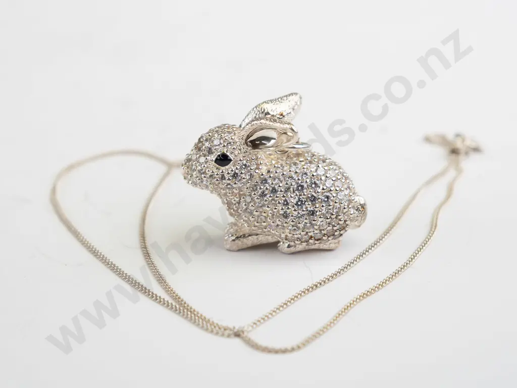 ornate cz and sterling silver rabbit pendant on chain Image 1++