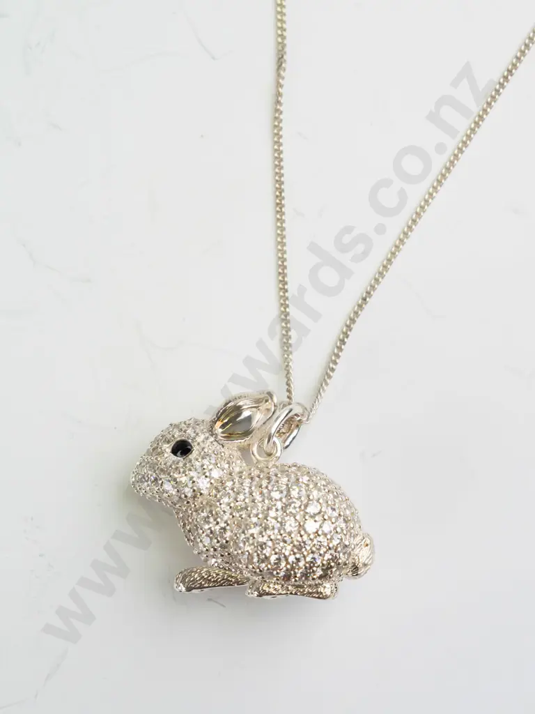 ornate cz and sterling silver rabbit pendant on chain Image 1++