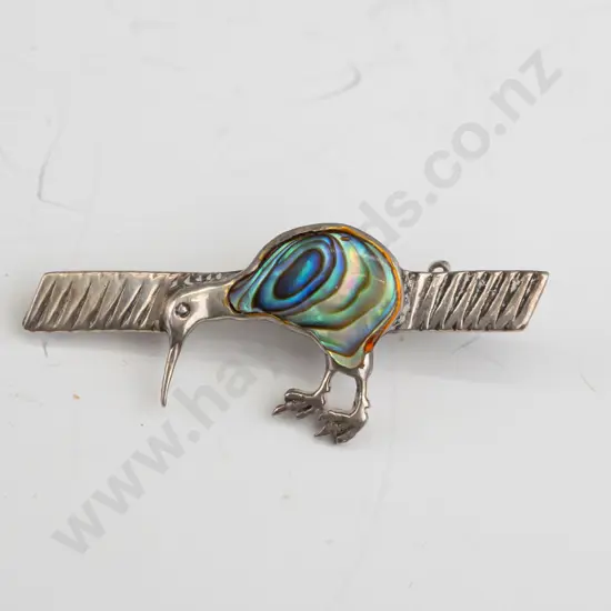 silver paua shell kiwi brooch stamped silver
