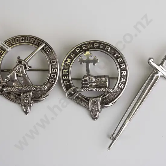3 sterling silver brooch pins, 2 with mottos, all with Scottish hallmarks - sword L-80 and 2 Scottish clan mottos