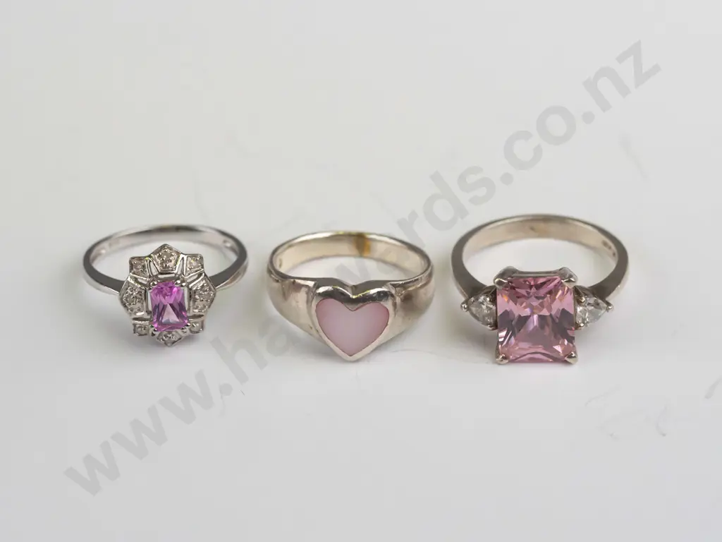 3x sterling silver rings with pink stones P/Q/N Image 1++