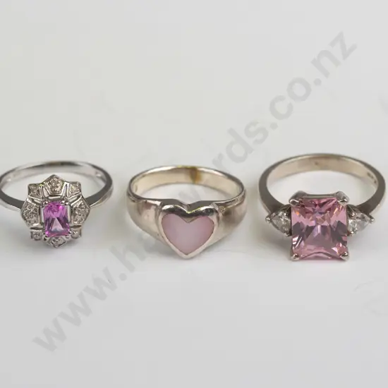 3x sterling silver rings with pink stones P/Q/N