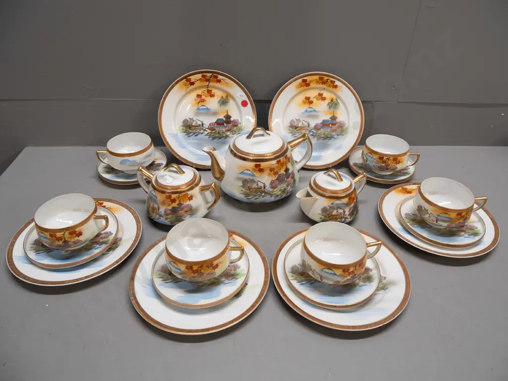 Japanese tea set with lithophane geisha image in tea cup base - marked H.F.T.C. hand-painted 24k gold. 6 trios, teapot, Image 1++