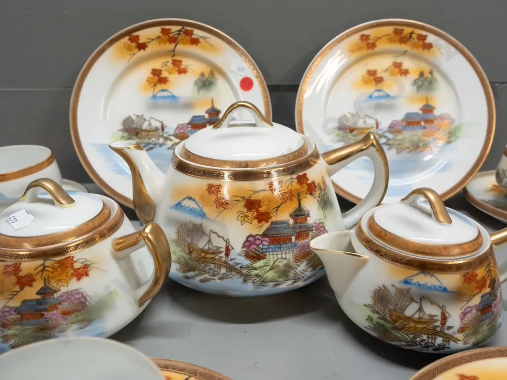 Japanese tea set with lithophane geisha image in tea cup base - marked H.F.T.C. hand-painted 24k gold. 6 trios, teapot, Image 1++