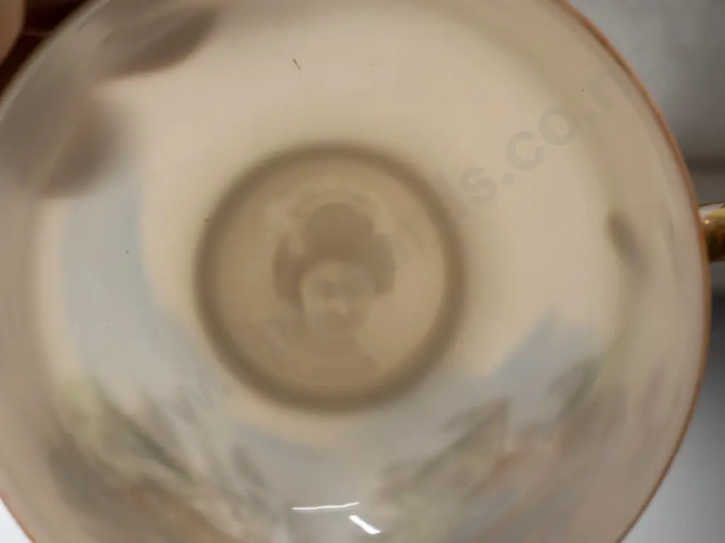 Japanese tea set with lithophane geisha image in tea cup base - marked H.F.T.C. hand-painted 24k gold. 6 trios, teapot, Image 1++