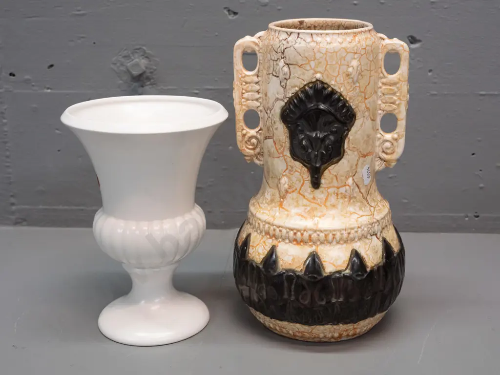 Titian footed urn-shape vase, marked 2087, and a German pottery handled vase H-265 Image 1++