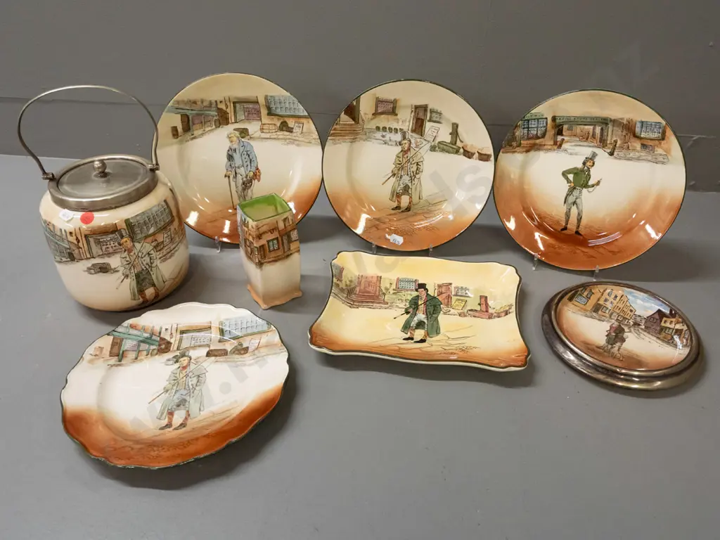 8 pieces Royal Doulton Dickens Ware: 5 plates, biscuit barrel, vase & teapot stand - Bill Sykes, Barkis, Old Pegotty, Image 1++