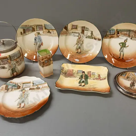 8 pieces Royal Doulton Dickens Ware: 5 plates, biscuit barrel, vase & teapot stand - Bill Sykes, Barkis, Old Pegotty,