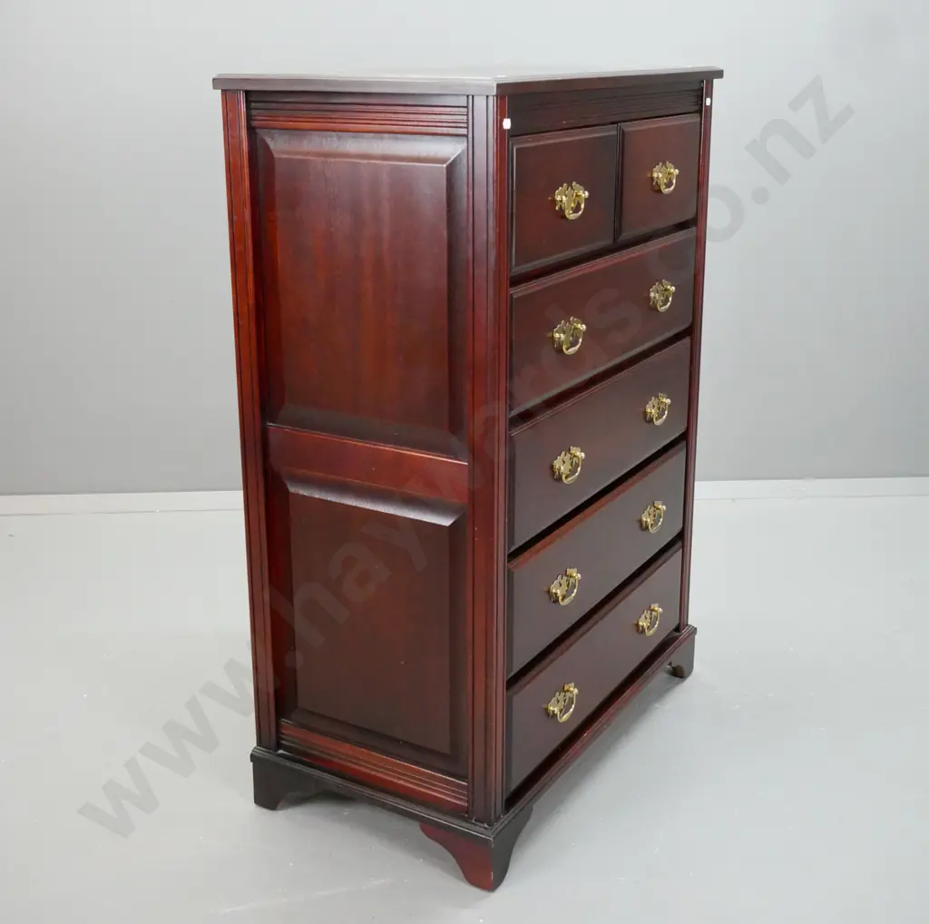 reproduction mahogany 6-drawer chest with shaped brass handles, panelled sides, on bracket feet. Some wear on top and on Image 1++