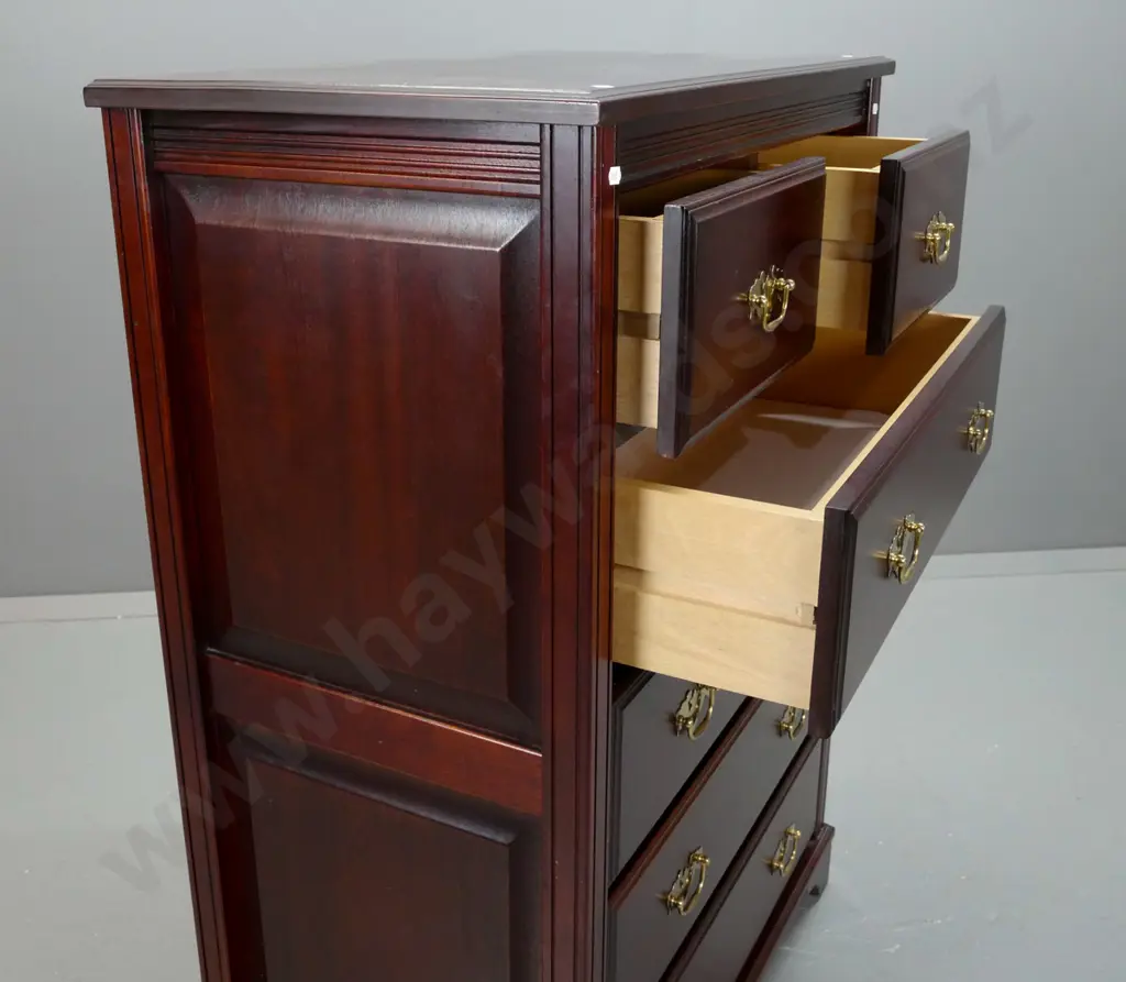 reproduction mahogany 6-drawer chest with shaped brass handles, panelled sides, on bracket feet. Some wear on top and on Image 1++
