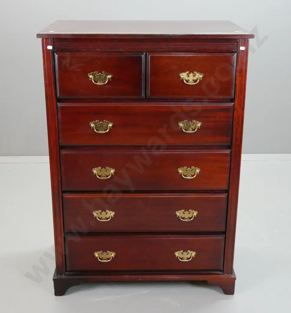 reproduction mahogany 6-drawer chest with shaped brass handles, panelled sides, on bracket feet. Some wear on top and on Image 1++