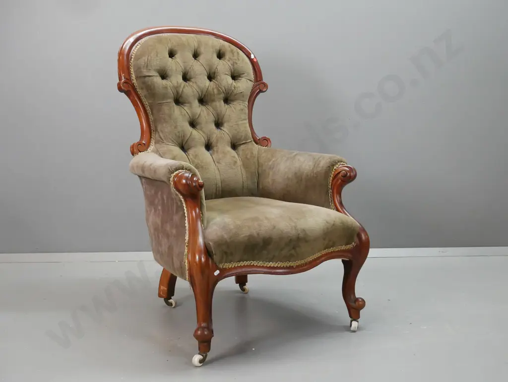 Victorian cedar armchair in olive green velvet w/ deep button back, carved arm supports, cab leg, porcelain casters - Image 1++