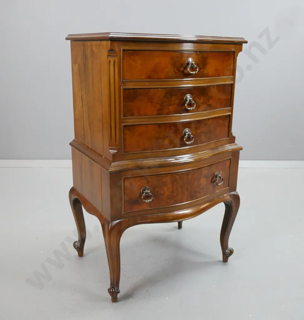 walnut veneer 4-drawer chest on sweeping cab legs, serpentine shaped front, canted sides, with brass drop handles H-760 Image 1++