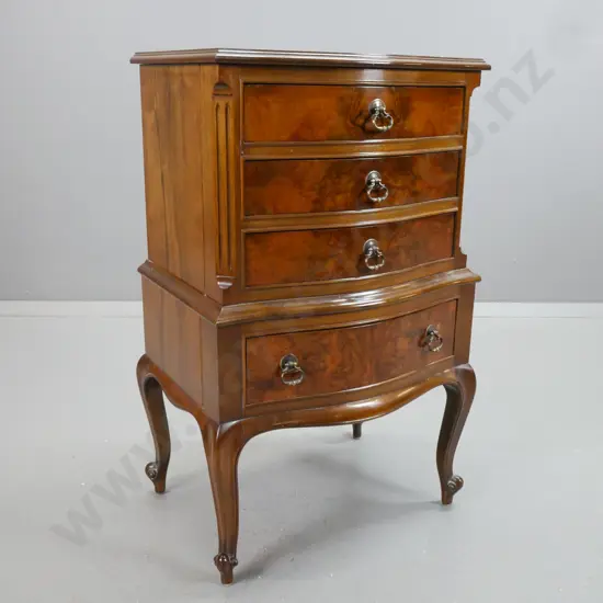 walnut veneer 4-drawer chest on sweeping cab legs, serpentine shaped front, canted sides, with brass drop handles H-760
