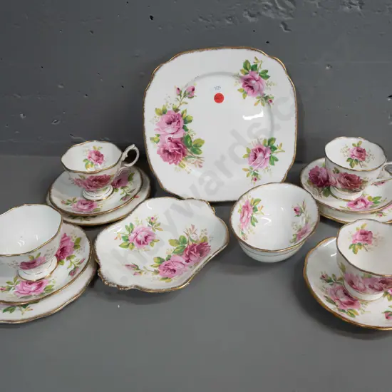 Royal Albert "American Beauty" tea ware - 3 trios, 1 cup & saucer, cake plate W-220, sugar bowl, small handled dish