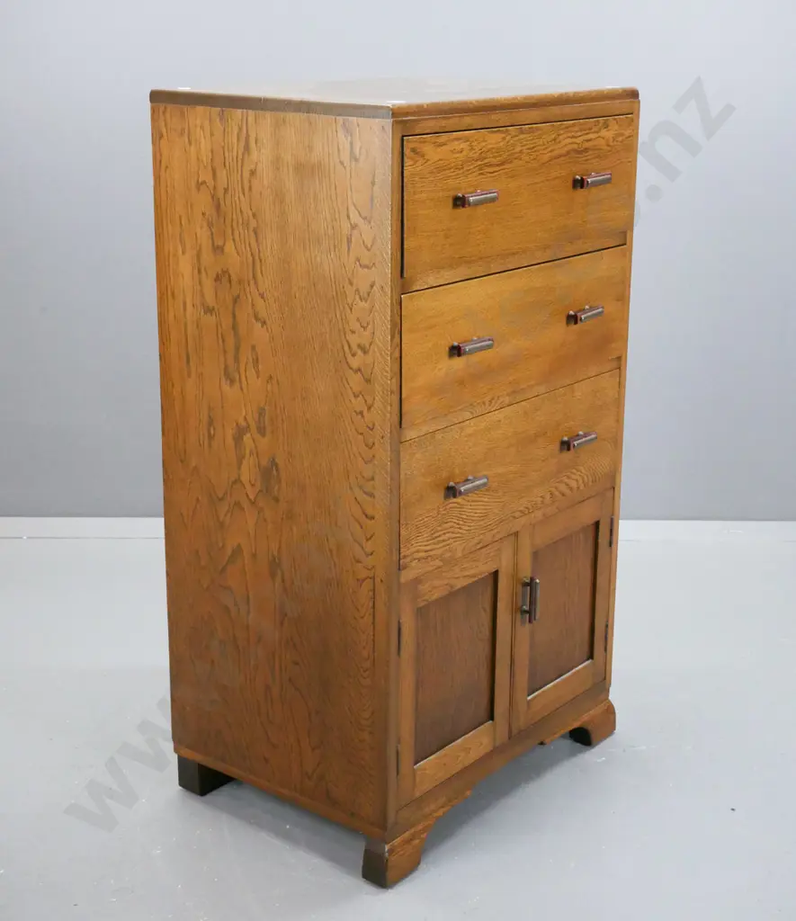 vintage oak art deco 3 drawer chest above 2 cupboard doors on bracket feet, original handles Image 1++