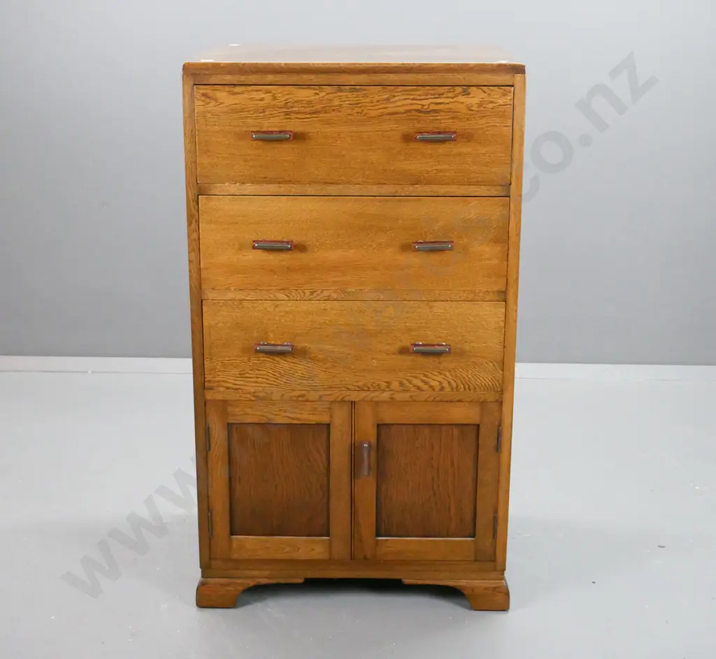 vintage oak art deco 3 drawer chest above 2 cupboard doors on bracket feet, original handles Image 1++