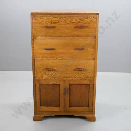 vintage oak art deco 3 drawer chest above 2 cupboard doors on bracket feet, original handles