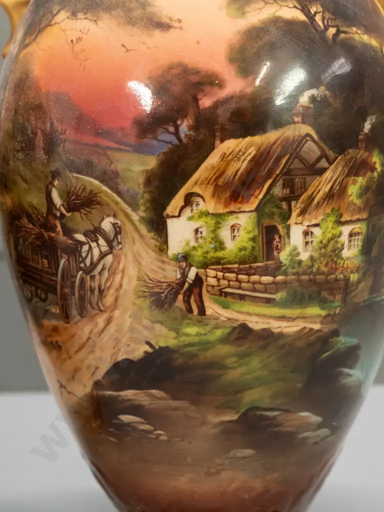 pair of English vases marked "Old England" and "English Make" - cottage scenes with gilt rims and handles - Image 1++