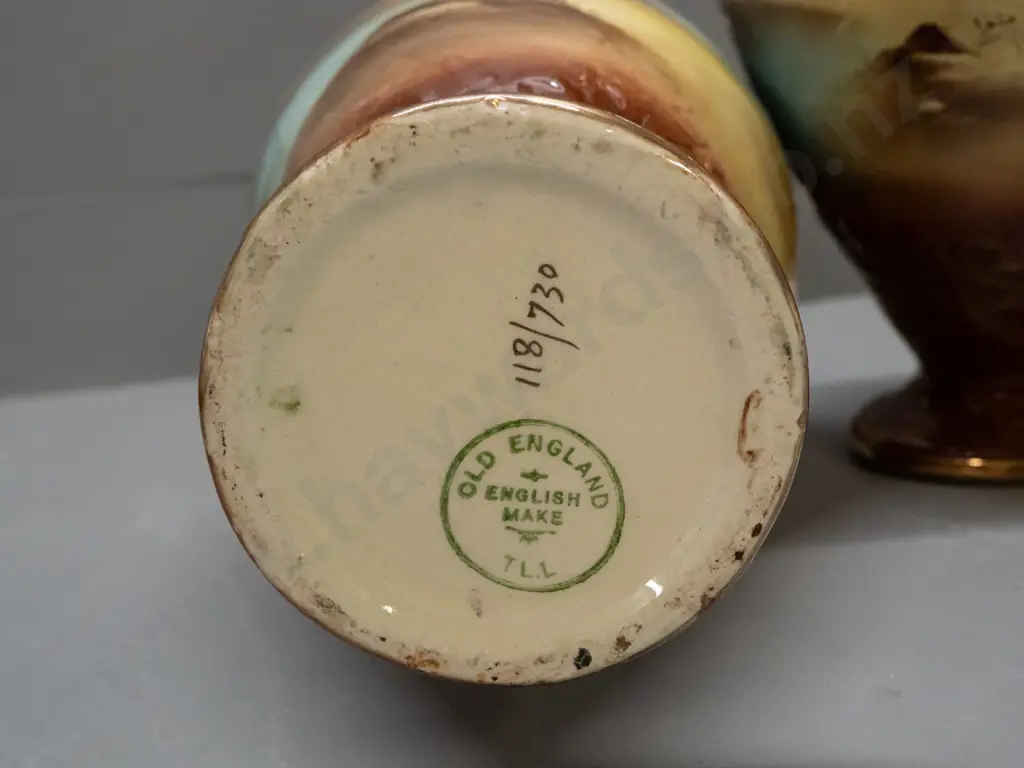 pair of English vases marked "Old England" and "English Make" - cottage scenes with gilt rims and handles - Image 1++