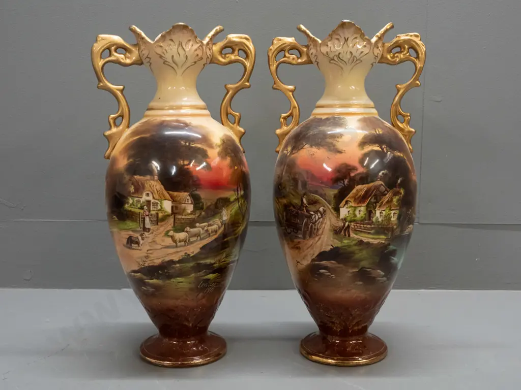 pair of English vases marked "Old England" and "English Make" - cottage scenes with gilt rims and handles - Image 1++