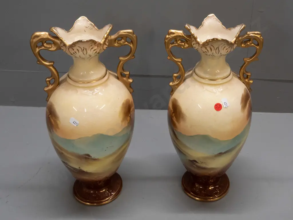 pair of English vases marked "Old England" and "English Make" - cottage scenes with gilt rims and handles - Image 1++