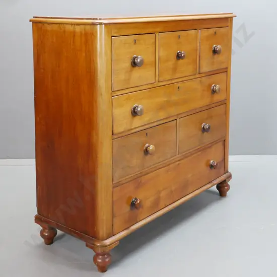 colonial cedar round-cornered 7-drawer chest, on turned bun feet, wooden knobs, 5 drawers have brass escutcheons,